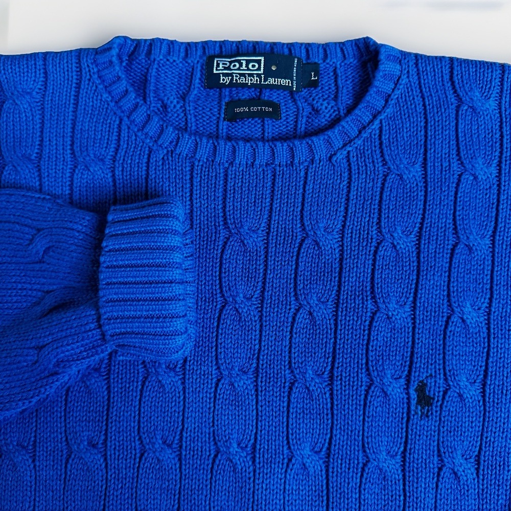 Vintage 90s Polo Ralph Lauren Sweater Men Large Royal Blue Cotton Crewneck Cable